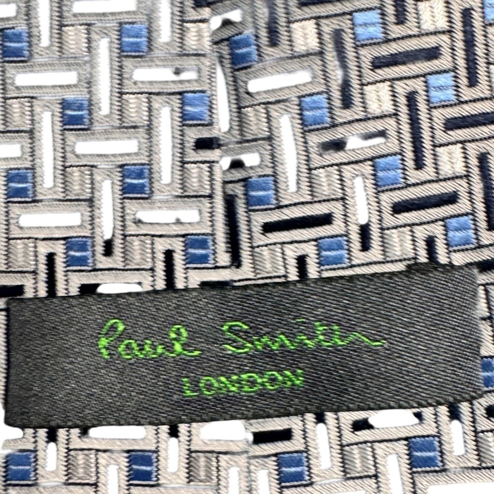 Paul Smith London 100% Silk‎ Geometric Pattern Necktie Mens Blue Silver EUC - Picture 3 of 5